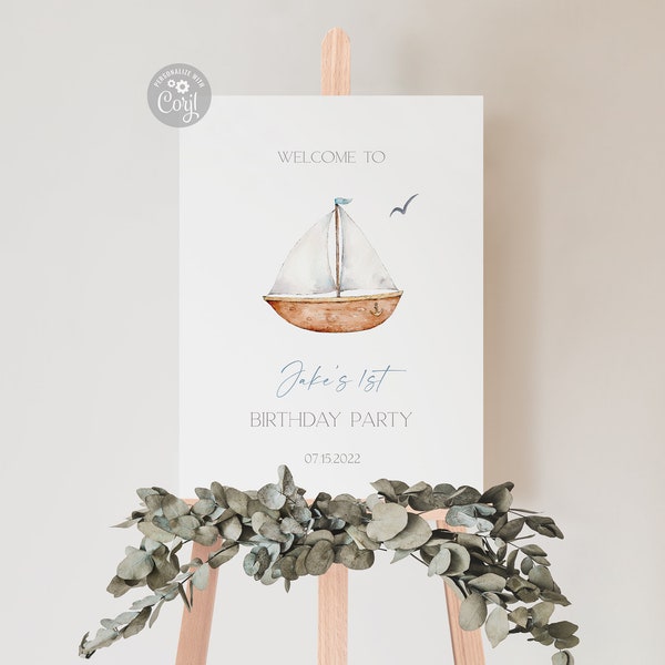 Editable Nautical  Birthday Welcome Sign | Blue Sailboat Birthday Party Decorations | Printable Digital Download