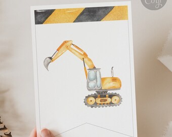 May include: A printable banner featuring a yellow and black striped design with a watercolor illustration of a yellow excavator. The banner has the text "Personalize with Cory!" in a circle with a gear icon.