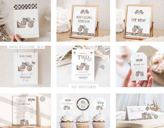 Monster Truck Birthday Party Bundle: Dusty Blue Decor (Editable, Fast Download)