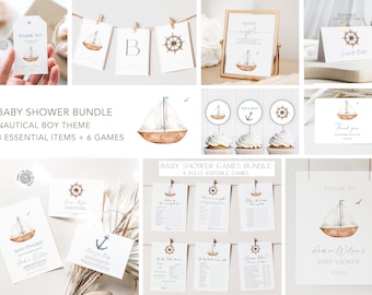 Editable Nautical Boy Baby Shower Bundle | Sailboat Theme Party | Boy Baby Shower Package | Fast Printable Digital Download