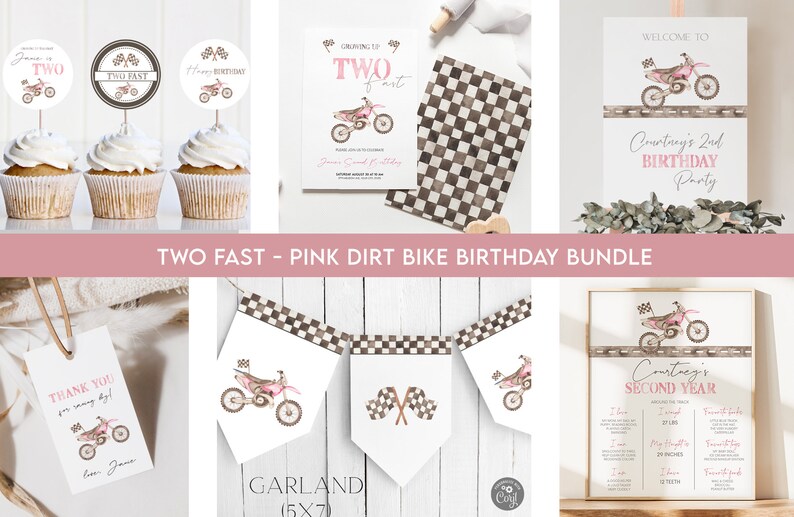 Editable TWO Fast Pink Dirt Bike Birthday Invitation Package 2nd Birthday Mountain Bike Motocross Birthday Bundle Digital