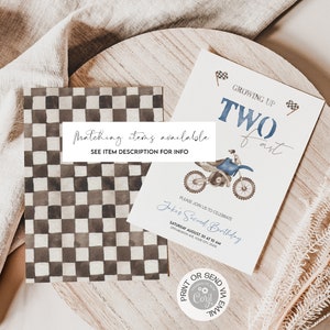 May include: A printable birthday invitation for a child's second birthday party. The invitation features a blue and white motocross bike with a checkered flag background. The text on the invitation reads "Growing Up Two Fast".