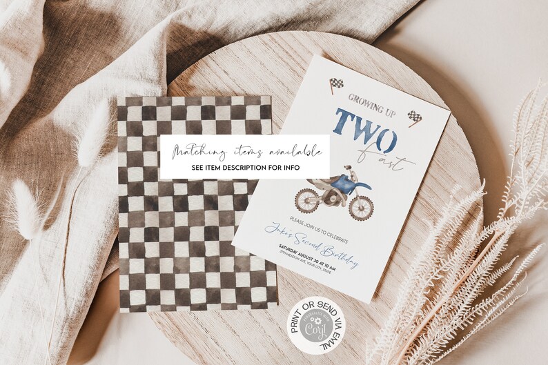 May include: A printable birthday invitation for a child's second birthday party. The invitation features a blue and white motocross bike with a checkered flag background. The text on the invitation reads "Growing Up Two Fast".