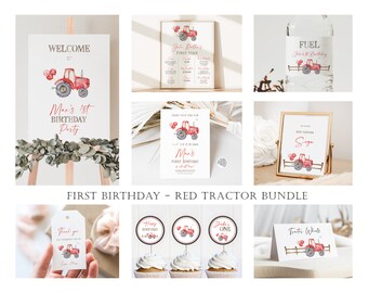 May include: Red tractor themed first birthday party printable set. Includes welcome sign, fuel sign, custom sign, cupcake toppers, thank you tag, and tractor wheels sign. All signs feature a red tractor with balloons.