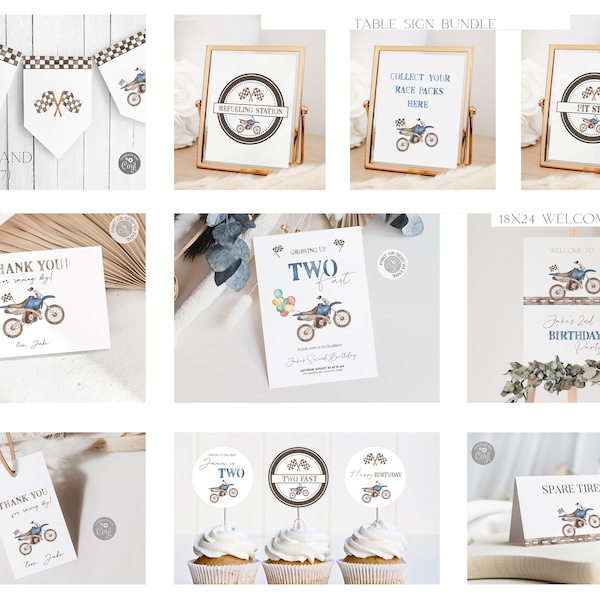 Growing Up Two Fast Dirt Bike Birthday Party Bundle |Editable Blue Bike Second Birthday Party Package Checkered Flags |Digital Download