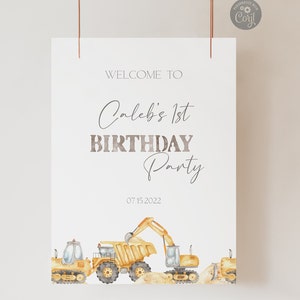Coches de construcción editables 1er cumpleaños signo de bienvenida / signo de fiesta de cumpleaños de construcción, cartel de fiesta de camiones amarillos / descarga instantánea