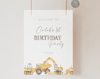 Construction 1st Birthday Welcome Sign: Yellow Trucks Party Poster (Digital Download)