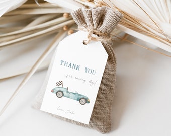 Race Car Birthday Thank You Tags: Checkered Flag, Vintage Car (Printable INSTANT DOWNLOAD)
