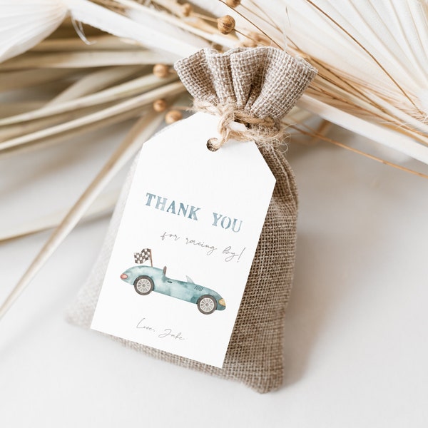 Editable Race Car Birthday Thank You Tags, Vintage car Checkered flag, Gift tags , Race car party Printable INSTANT DOWNLOAD T01