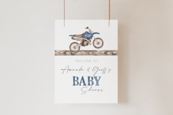 Editable Blue Dirt Bike Baby Shower Welcome Sign Mountain KTM Bike
