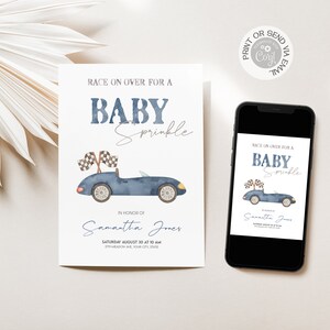 Race on Over Navy Blue Race Car Baby Sprinkle Invitation, Editable ...