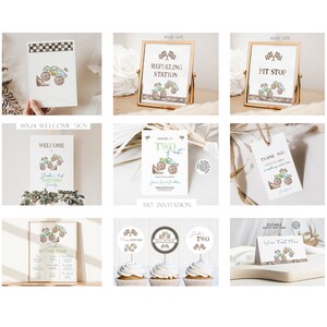 May include: A set of printable party decorations for a monster truck themed birthday party. The set includes a welcome sign, invitation, cupcake toppers, a buffet tent card, and two signs that say "Refueling Station" and "Pit Stop".