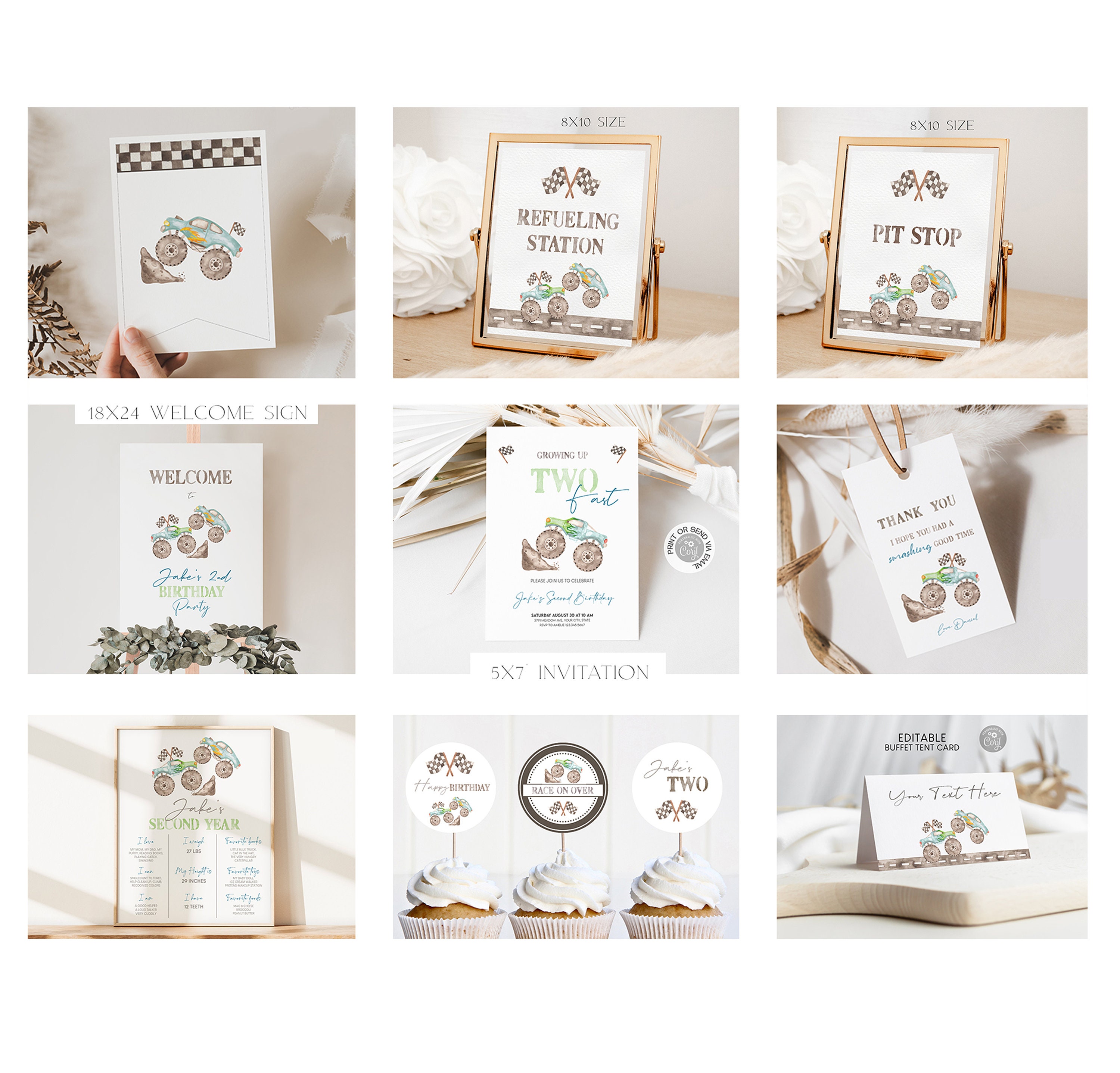 Printable Two Fast Monster Trucks Birthday Bundle, Editable Monster Jam Birthday Party Package, 2nd Boy Birthday Invitation,Instant Download