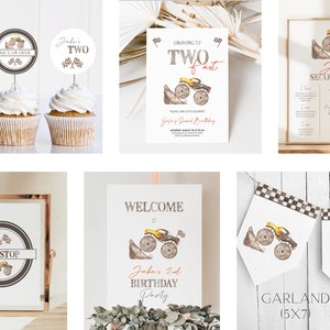 May include: A set of printable party decorations for a monster truck themed second birthday party. The set includes a welcome sign, a garland, cupcake toppers, and a sign with the child's age and milestones. The decorations feature a watercolor illustration of a monster truck.