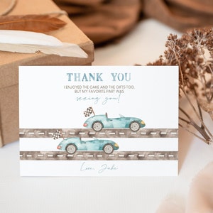 Twin Birthday Race Cars Thank you Card, Blue Retro Race Cars Baby Shower Card, Szablon do druku i edycji, Natychmiastowe pobranie