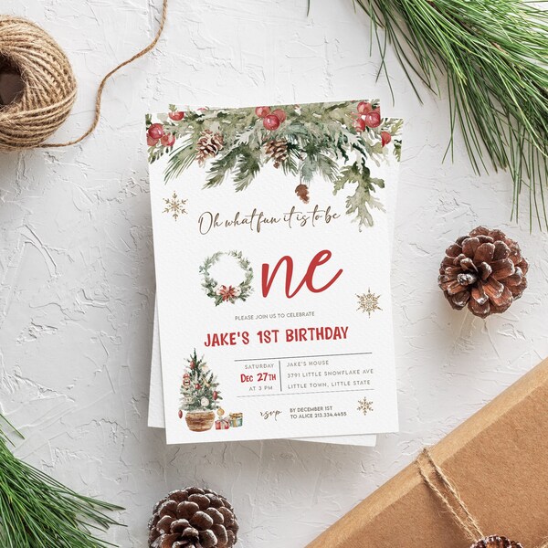 Faire-part de Noël pour le premier anniversaire : Winter ONE, modifiable (PDF)