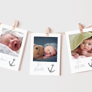 Bannière photo mensuelle nautique, photos de la première année de bébé, bannière Anchor Milestone, voilier 1er anniversaire 12 mois Bunting Banner