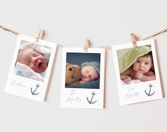 Baner ze zdjęciami dziecka w stylu marynistycznym: pierwszy rok życia, motyw kotwicy na żaglówce (do pobrania w wersji cyfrowej)