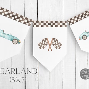 May include: A garland with a checkered pattern and blue race cars. The garland has a white background and the text "GARLAND (5X7)" is printed on the bottom.