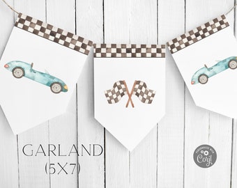 Blue Vintage Race Car Baby Shower Banner, Editable Happy Birthday Garland, Vintage Flags Two Fast Birthday, Party Extras, Birthday Bunting