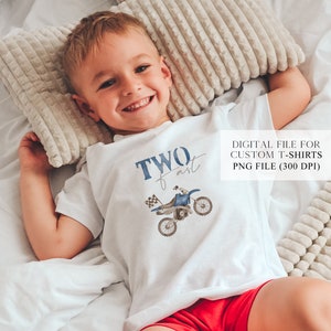 May include: A white t-shirt with a blue and white illustration of a dirt bike and the text "TWO fast".