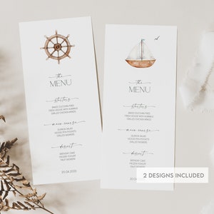 Tarjetas de menú de tema náutico, plantilla de menú de cumpleaños de barco imprimible, menú editable para bebés, descarga digital