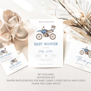 Dirt Bike Baby Shower Einladung Set, Windel Verlosung, Bücher für Baby Karte, bearbeitbare dunkelblaue Bike Invite Vorlage, druckbare digitaler Download
