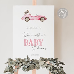 Pink Race Car Baby Shower Welcome Sign | Editable Race Car Baby Sprinkle Sign Template | Printable File Corjl | Instant Download