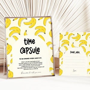 Sinal de cápsula do tempo Go Bananas, modelo de pôster editável para festa com tema de frutas de primeiro aniversário, sinal de festa para impressão, download instantâneo