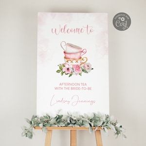 Afternoon Tea Bridal Shower Welcome Sign: Pink Floral Teacups (Instant Download)