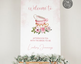 Afternoon Tea Bridal Shower Welcome Sign: Pink Floral Teacups (Instant Download)