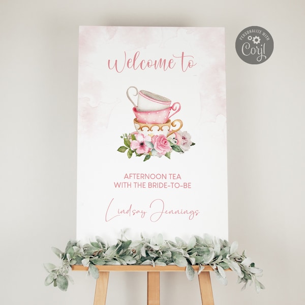 Afternoon Tea Bridal Shower Welcome Sign, Pink Floral Teacups 24 x 36 and 18x24 Welcome Sign, Instant Download