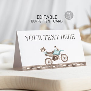 Tarjeta de buffet plegada de 3,5x2" editable para moto de cross, tarjeta de lugar para bicicleta de montaña azul claro, etiqueta de nombre de invitado, decoración de cumpleaños, descarga digital