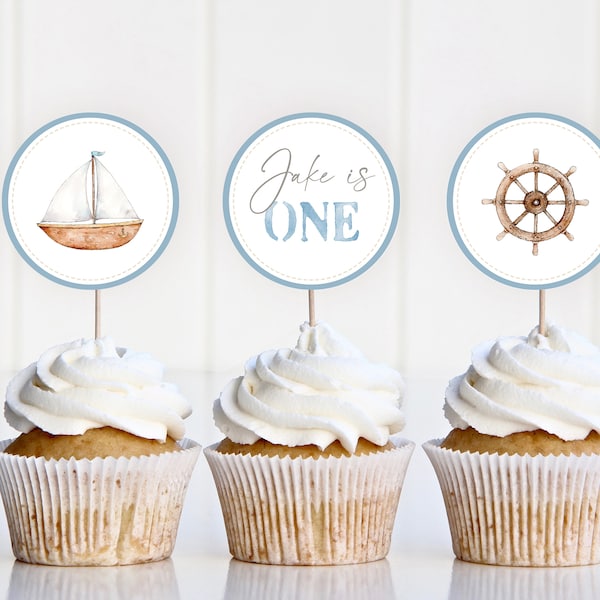 Nautical Boy Birthday Cupcake Toppers, Blue Sailboat Birthday Party Decorations, Cup Cake Tops, Printable Digital Download