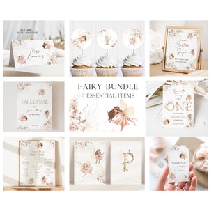 Floral Fairy 1st Birthday Bundle, Editable Butterfly Magical Boho Pampas Birthday Invite Package, Printable Instant Download, Paperless Post