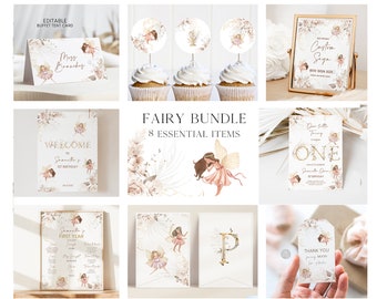 Floral Fairy 1st Birthday Bundle, Editable Butterfly Magical Boho Pampas Birthday Invite Package, Printable Instant Download