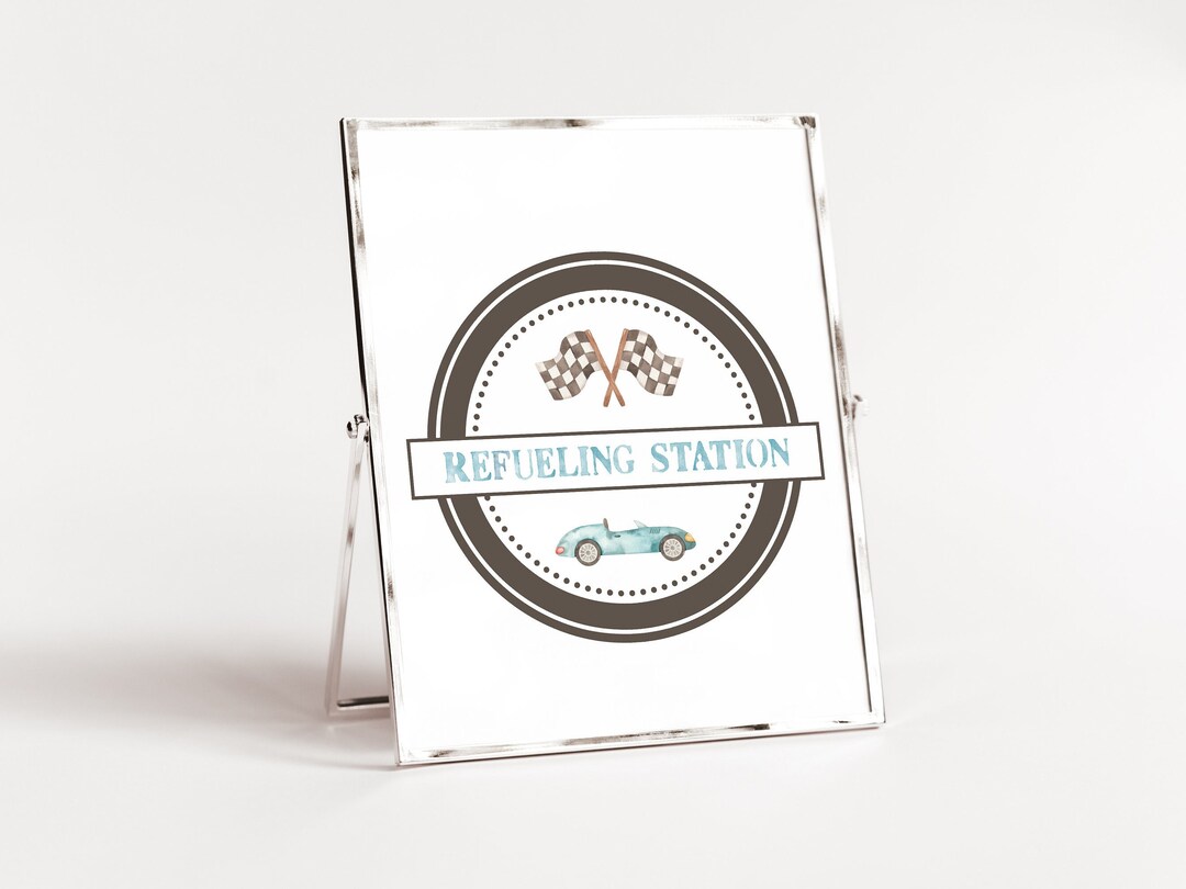 Printable Refueling Station Sign, Blue Retro Race Car Birthday Table ...