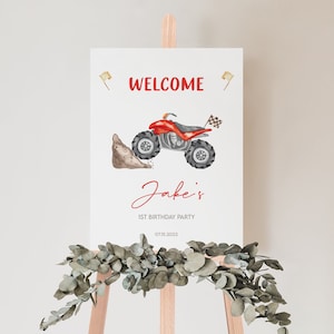Signo de bienvenida de cumpleaños de quad rojo editable, plantilla de póster de primera fiesta de cumpleaños de bicicleta de 4 ruedas, decoración de fiesta de bicicleta ATV, descarga instantánea
