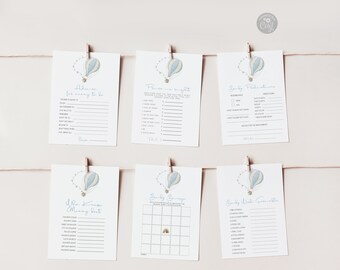 Lot de jeux de baby shower bleu montgolfière (téléchargement numérique)