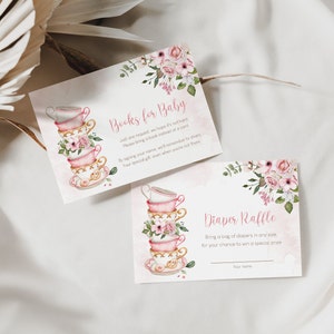 Floral Tea Time luierloterij en boeken voor babykaarten, afdrukbare babyshowerkaarten, babystrooiboekverzoekkaart, instant download