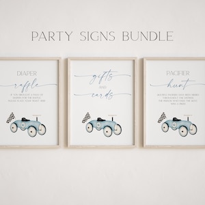 Bewerkbare Race Car Party Sign Pack, Blue Race Car Ride On Luier Loterij Sign, Fopspeen Hunt Game Sign, 8"x10" Sign Template, Digitale Download