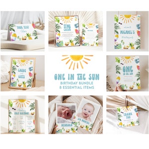 Paquete de cumpleaños ONE in the Sun: Plantillas editables para fiesta de primer cumpleaños con temática de verano en la piscina y playa, descarga instantánea