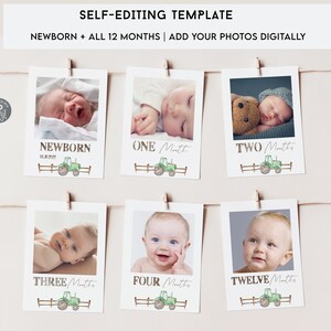 May include: A printable template for a baby's first year photo album. The template features a green tractor design and includes 12 images of a baby at different ages, from newborn to 12 months.