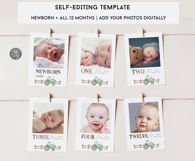 May include: A printable template for a baby's first year photo album. The template features a green tractor design and includes 12 images of a baby at different ages, from newborn to 12 months.