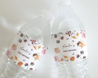 Fairy 1st Birthday Water Bottle Labels: Pink Garden Template (Digital Download)