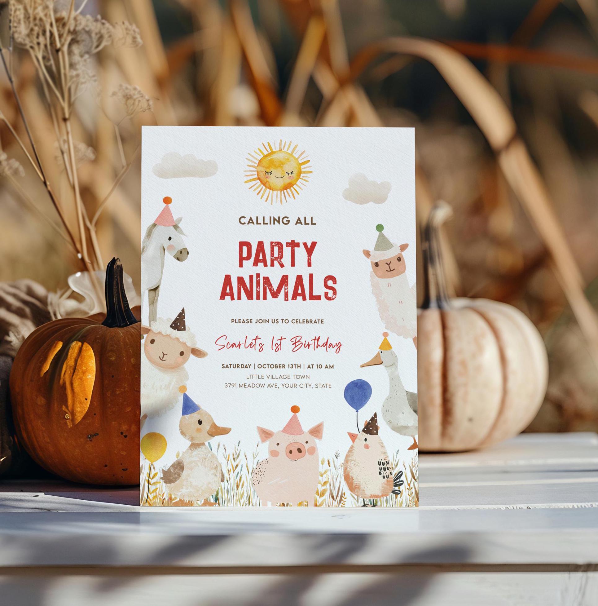 Farm Animals 1st Birthday Invitation: Barnyard Party, Editable Template ...