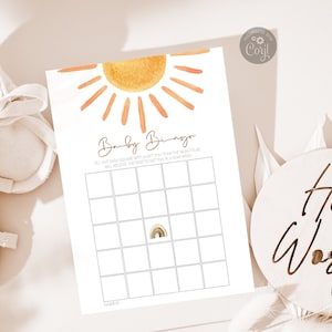 Jogos de chá de bebê Boho Sun, Baby Bingo, Little Sunshine Gender Neutral Baby Sprinkle Games, modelo editável, download digital