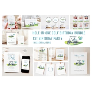 Afdrukbare golfverjaardagsfeestbundel | Hole-in-one sjablonen voor 1e verjaardag | Feestpakket golfthema voor jongens | Bewerkbare digitale download