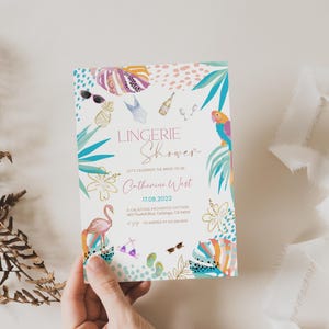 Invitación editable para despedida de soltera y baby shower con lencería: plantilla de itinerario de fin de semana en la playa o junto a la piscina (descarga digital)