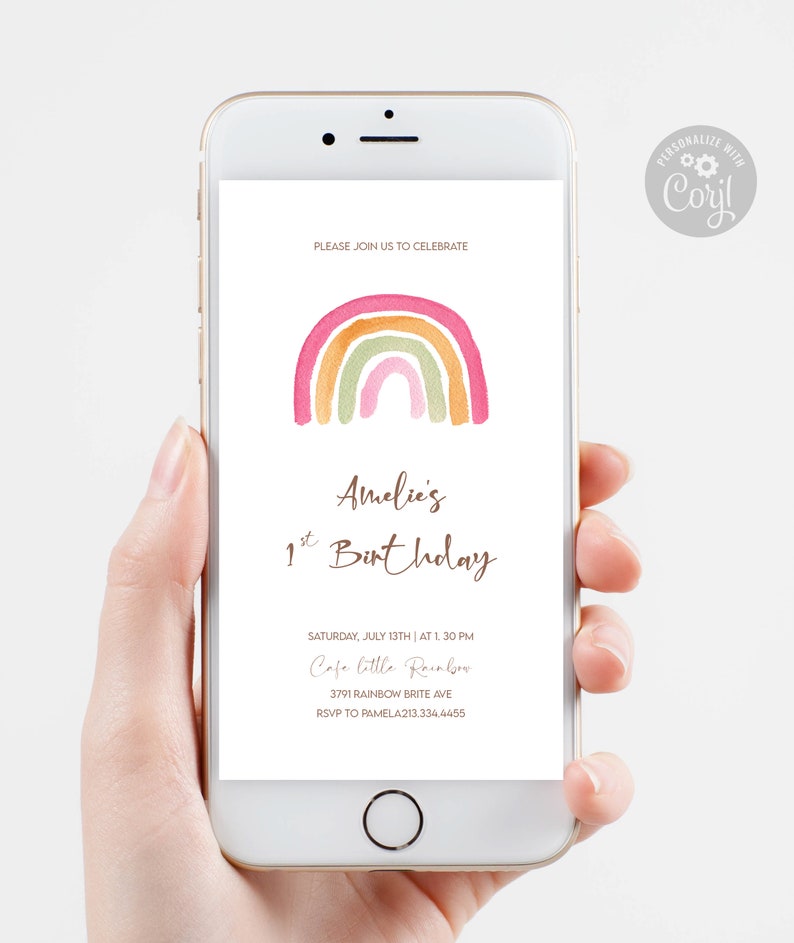 Boho Rainbow Birthday Party Evite Editable Rainbow Mobile Phone Invitation Template Digital Electronic Girls Bday Party